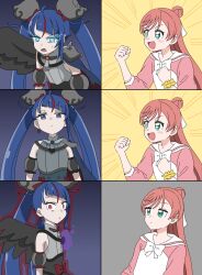 3girls black_sky_(precure) blue_eyes blue_hair corruption cure_sky cure_sky_(dark) dark_persona dual_persona gaijin_4koma_(meme) glowing glowing_eyes green_eyes hair_ornament highres hirogaru_sky!_precure meme multiple_girls multiple_persona nijigaoka_mashiro pink_hair possessed possession precure red_eyes skearhead sparkling_eyes wing_hair_ornament