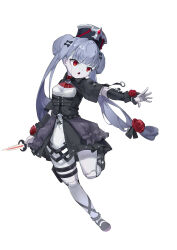 1girl :o absurdres belt black_belt black_bow black_capelet black_dress black_hat black_ribbon black_shoes blunt_bangs bow breasts capelet character_request chinese_commentary cleavage cleavage_cutout clothing_cutout commentary_request doll_joints double_bun dress flower full_body hair_bow hair_bun hair_flower hair_ornament hat highres holding holding_knife holding_weapon joints kardia_tou_abel knife leg_ribbon multiple_hair_bows o-ring o-ring_belt open_mouth outstretched_arm red_eyes red_flower red_rose ribbon rose shoes simple_background small_breasts solo spiked_anklet standing standing_on_one_leg sterlank thigh_sheath thigh_strap twintails weapon white_background