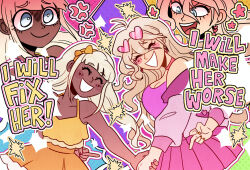 2girls :d ^_^ alt_text alternate_costume antenna_hair arm_behind_back blonde_hair blue_eyes blush_stickers breasts cleavage closed_eyes closed_mouth commentary danganronpa_(series) danganronpa_v3:_killing_harmony dark-skinned_female dark_skin earrings english_commentary english_text eyelashes holding_hands i_can_fix_him_(meme) iruma_miu jewelry long_hair meme middle_finger ministarfruit multiple_girls open_mouth orange_skirt outline pink_skirt shirt skirt smile teeth twintails upper_teeth_only v-shaped_eyebrows white_hair yellow_shirt yonaga_angie yuri