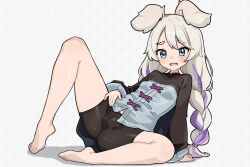 1girl animal_ears arm_support barefoot bike_shorts black_shorts blonde_hair blue_eyes blush braid cameltoe collared_shirt eyebrows_hidden_by_hair fang feet full_body highres knee_up long_hair long_sleeves looking_at_viewer lying m_legs multicolored_hair mwm5 on_ground on_side open_mouth purple_hair rebecca_(world_flipper) second-party_source shirt shorts simple_background sitting solo spread_legs streaked_hair thick_eyebrows twin_braids two-tone_hair variant_set white_background white_shirt world_flipper