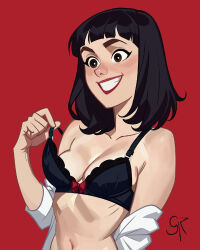 1girl artist_name bare_shoulders black_bra black_hair bow bow_bra bra breasts brown_eyes collarbone commentary english_commentary galmesh_rosewood grin highres making-of_available medium_breasts medium_hair navel original red_background shirt simple_background smile solo underwear upper_body white_shirt