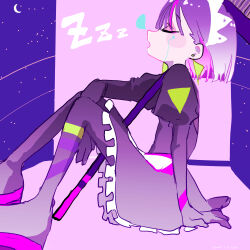 Rule 34 | 1girl, android, arm on knee, closed eyes, colored inner hair, crescent moon, earrings, hand on ground, highres, jewelry, kuraku kuroku (zutomayo), maid, maid headdress, moon, multicolored hair, nira-chan, nira-chan (kuraku kuroku) (zutomayo), nose bubble, pink hair, pink theme, puffy sleeves, purple hair, short hair, shuwa (user nhzy8738), sitting, sleeping, snoring, streaked hair, triangle earrings, white headdress, zutto mayonaka de ii no ni, zzz