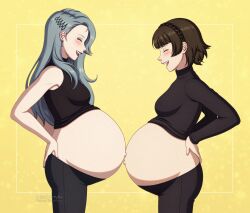 2girls adricarra arms_behind_back artist_name belly belly-to-belly big_belly blush breasts closed_eyes commentary earrings english_commentary female_focus grey_hair highres jewelry lipstick long_hair makeup medium_breasts multiple_girls navel niijima_makoto niijima_sae outie_navel persona persona_5 pregnant short_hair stomach watermark