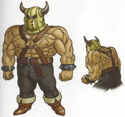 1boy abs belt black_pants boots bracelet brown_belt brown_boots chest_harness clenched_hands cross_scar dragon_quest full_body harness highres horned_mask jewelry male_focus mask multiple_views muscular muscular_male nipples o-ring o-ring_harness official_art pants reference_sheet scan scan_artifacts scar scar_on_arm solo spiked_bracelet spikes studded_belt third-party_source toriyama_akira toughie white_background yellow_mask