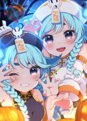 Rule 34 | 2girls, absurdres, bemani, black eyes, blush, braid, chinese clothes, grin, hat, highres, jack-o&#039;-lantern, jiangshi, long hair, looking at viewer, multiple girls, near (sound voltex), noah (sound voltex), one eye closed, open mouth, sen chan (akane1023), siblings, smile, sound voltex, teeth, twin braids, twins