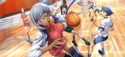 Rule 34 | 1girl, 6+boys, arm up, artist request, asymmetrical hair, ball, basketball, basketball (object), basketball court, black footwear, black hair, black thighhighs, blue hair, blue socks, breasts, brown eyes, code geass, code geass: lost stories, dark-skinned female, dark skin, dress, dutch angle, faceless, faceless male, female focus, game cg, green shorts, grey hair, grin, hand up, happy, high ponytail, highres, holding, holding ball, indoors, jacket, large breasts, lelouch vi britannia, lipstick, long hair, long sleeves, looking at another, makeup, multiple boys, non-web source, official art, open clothes, open jacket, people, playing sports, ponytail, purple eyes, purple lips, red dress, rivalz cardemonde, running, shiny skin, shirt, shoes, short dress, short hair, short sleeves, shorts, sleeveless, sleeveless dress, smile, socks, solo focus, sparkle, sweat, teeth, thighhighs, thighs, very long hair, villetta nu, white jacket, white shirt, yellow eyes, zettai ryouiki