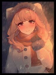 1girl alternate_costume black_gloves buttons celica_(fire_emblem) coat earrings fire_emblem fire_emblem_echoes:_shadows_of_valentia fur_hat gloves hat heart heart_in_eye highres hinahaii jewelry long_hair looking_at_viewer nintendo paw_print princess red_eyes red_hair red_scarf scarf smile snow symbol_in_eye winter winter_clothes winter_coat