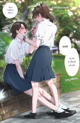 2girls absurdres black_shoes black_skirt brown_hair collared_shirt commentary_request dandelion day drinking_straw drinking_straw_in_mouth earrings flower grass grey_eyes highres hips_in_air jewelry long_hair mary_janes medium_hair multiple_girls open_mouth original outdoors ponytail school_uniform shirt shoes short_sleeves sitting skirt smile socks speech_bubble standing stud_earrings sweetandsour9 thai_commentary thai_text translation_request white_shirt white_socks yuri