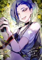 1girl absurdres bare_shoulders black_choker blue_hair bob_cut breasts brown_eyes camera choker collarbone commission crop_top gradient_hair grey_shirt highres holding holding_camera katatsumuri_72 loose_hair_strand medium_breasts midriff multicolored_hair nintendo perrin_(pokemon) photographer pokemon pokemon_sv ribbed_shirt shirt short_hair sleeveless sleeveless_shirt undershirt upper_body v-neck