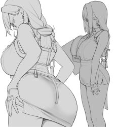 1girl ass breasts collared_shirt earrings glasses gloves greyscale high-waist_skirt hourglass_earrings huge_breasts jewelry long_hair monochrome multiple_views nago_purin neck_ring pencil_skirt shirt side_slit simple_background sketch skirt sleeveless sleeveless_shirt tsukishiro_yanagi zenless_zone_zero