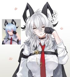 1girl armband black_armband black_choker black_gloves black_horns black_jacket breasts chest_harness choker closed_eyes collared_shirt copyright_request curled_horns earrings gloves grey_hair hair_between_eyes harness highres horns inishie_no_tanaka jacket jacket_on_shoulders jewelry key_earrings large_breasts long_hair mole mole_under_eye multicolored_hair necktie red_necktie rubbing_eyes screenshot_inset shirt simple_background solo streaked_hair upper_body white_background white_shirt zani_(wuthering_waves)