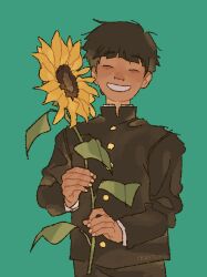 1boy absurdres black_hair blue_background blunt_bangs closed_eyes commentary cowboy_shot facing_viewer flower fruiitlins gakuran grin highres holding holding_flower kageyama_shigeo male_focus mob_psycho_100 open_mouth school_uniform short_hair simple_background smile solo sunflower symbol-only_commentary