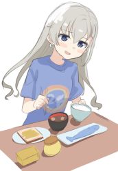 1girl :d blue_eyes blue_shirt blush_stickers bowl bread chopsticks commentary_request earrings fish food grey_hair hair_between_eyes highres hisakawa_hayate holding holding_bowl holding_chopsticks idolmaster idolmaster_cinderella_girls idolmaster_cinderella_girls_starlight_stage jewelry long_hair looking_at_viewer open_mouth rice rice_bowl shirt shiwa_(siwaa0419) short_sleeves simple_background smile solo soup table upper_body very_long_hair white_background