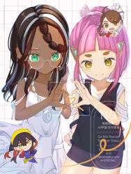 4girls :d alternate_costume alternate_hairstyle amarys_(pokemon) black_hair blue_jacket blue_pants braid brown_eyes brown_hair carmine_(pokemon) chibi chibi_inset closed_mouth dark-skinned_female dark_skin dress fanny_pack finger_heart four-finger_heart_hands glasses gloves green_eyes grey_hair grid_background hair_ornament hairband hairclip heart heart_hands heart_hands_duo highres jacket juliana_(pokemon) lacey_(pokemon) long_hair looking_at_viewer multicolored_hair multiple_girls nintendo open_mouth pants partially_fingerless_gloves pink_hair pokemon pokemon_sv ponytail red_gloves red_hair shirt short_hair shorts single_glove sleeveless sleeveless_dress smile tonbo_(tonbo63194) two-tone_hair white_dress white_shirt white_shorts yellow_hairband