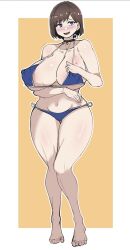 1girl arm_under_breasts bare_legs barefoot bikini blue_bikini blue_eyes blush boku_no_kokoro_no_yabai_yatsu border breasts brown_hair choker cleavage collar collarbone covered_erect_nipples curvy full_body highres huge_breasts ichikawa_kana julioalqae looking_at_viewer mole mole_on_breast navel nervous_smile open_mouth short_hair smile solo standing stomach string_bikini swimsuit thighs