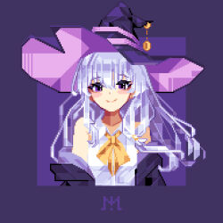 1girl bare_shoulders bow bowtie closed_mouth collared_shirt commentary_request cropped_torso elaina_(majo_no_tabitabi) grey_hair hair_between_eyes hat hat_ornament highres large_hat long_hair looking_at_viewer majo_no_tabitabi normalpixel off_shoulder pink_hat pixel_art purple_background purple_eyes purple_hair purple_hat resized shirt simple_background sleeveless sleeveless_shirt smile solo straight-on two-sided_fabric two-sided_headwear upper_body upscaled vietnamese_commentary white_hair white_shirt witch witch_hat yellow_bow yellow_bowtie