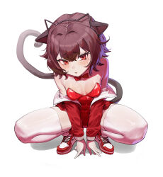 Rule 34 | 1girl, absurdres, air jordan, air jordan 1, animal ear hairband, animal ears, arms between legs, bare shoulders, black hairband, black tail, blush, bow, bowtie, breasts, brown hair, cat ear hairband, cat ears, cat tail, collar, commentary request, cross-laced shoes, detached collar, fake animal ears, full body, furrowed brow, hairband, hands on floor, head tilt, highres, jacket, korean commentary, leotard, looking at viewer, mole, mole on breast, mole under eye, nike (company), nontraditional playboy bunny, off shoulder, original, parted lips, prunechi, red bow, red bowtie, red eyes, red jacket, red leotard, red shoes, second-party source, shoes, short hair, simple background, small breasts, sneakers, solo, squatting, strapless, strapless leotard, tail, thighhighs, white background, white collar, white thighhighs, wing collar, yangnyeom gejang
