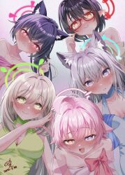 5girls ahoge alternate_costume animal_ear_fluff animal_ears ayane_(blue_archive) bare_shoulders black_hair blonde_hair blue_archive blue_dress blue_eyes blue_halo blush breasts cat_ears cleavage commentary cross_hair_ornament dress fang foreclosure_task_force_(blue_archive) glasses green_dress green_eyes green_halo grey_hair hair_between_eyes hair_ornament halo halter_dress halterneck heart heart_in_eye heterochromia highres hoshino_(blue_archive) huge_ahoge long_hair looking_at_viewer medium_breasts multiple_girls nonomi_(blue_archive) noten_(notententen) open_mouth pink_dress pink_hair pink_halo pointy_ears red-framed_eyewear red_eyes red_halo serika_(blue_archive) shiroko_(blue_archive) short_hair skin_fang smile symbol_in_eye wolf_ears yellow_eyes