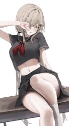 1girl absurdres arm_up bare_legs black_dress black_sailor_collar black_serafuku black_shirt blonde_hair blush breasts cowboy_shot dress hair_ornament hairpin highres laneigu long_hair looking_at_viewer low_twintails medium_breasts midriff mole mole_under_eye navel neckerchief open_mouth original panties pantyshot pleated_skirt red_neckerchief rubbing_eyes sailor_collar school_uniform serafuku shirt short_sleeves simple_background sitting skirt socks solo thighs twintails underwear white_background white_panties white_socks yellow_eyes