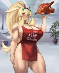 1girl absurdres apron bare_shoulders barghest_(fate) blonde_hair breasts cleavage commentary english_commentary fate/grand_order fate_(series) food green_eyes heterochromia highres horns huge_breasts long_hair muscular muscular_female naked_apron ponytail raskasar red_apron red_eyes revision solo thick_thighs thighs tray turkey_(food)