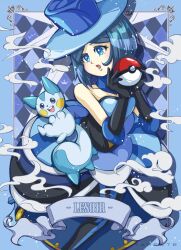 1girl ame_(tameste) battle_chatelaine black_gloves blue_eyes blue_hair blue_hat character_name creatures_(company) evelyn_(pokemon) game_freak gen_4_pokemon gloves hat highres holding holding_poke_ball nintendo open_mouth pachirisu poke_ball poke_ball_(basic) pokemon pokemon_(creature) pokemon_xy top_hat