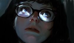 1girl absurdres black-framed_eyewear black_hair blue_eyes close-up commentary glasses hashtag-only_commentary highres looking_up painterly parted_lips realistic scooby-doo signature solo teeth velma_dinkley whitehogiii