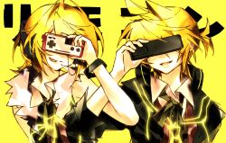 1boy 1girl absurdres blonde_hair controller covered_eyes game_controller highres holding holding_controller holding_game_controller holding_remote_control hynn0x_x kagamine_len kagamine_rin pale_skin ponytail remote_control shirt short_ponytail smile tongue tongue_out vocaloid