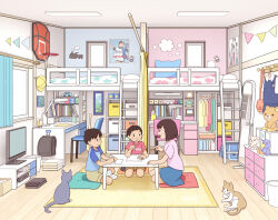 1girl 2boys blue_skirt blush brother_and_sister brown_hair brown_shorts carpet cat chabudai_(table) chair curtains desk fixed-point_camera indoors kiyo_(kyokyo1220) korilakkuma loaded_interior loft_bed mirror multiple_boys on_floor ootani_shouhei original pink_shirt poster_(object) red_shirt rilakkuma san-x shirt short_hair shorts siblings sitting skirt smile stuffed_animal stuffed_toy table teddy_bear television time_lapse window