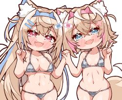 2girls animal_ear_fluff animal_ears bandaid bandaid_hair_ornament bikini black_eyes blue_hair blush breasts commentary cowboy_shot dog_ears dog_girl dog_tail english_commentary fake_horns fuwawa_abyssgard grey_bikini hair_ornament highres holding_hands hololive hololive_english horns interlocked_fingers kukie-nyan large_breasts long_hair looking_at_viewer medium_hair mococo_abyssgard multicolored_hair multiple_girls navel open_mouth pink_eyes pink_hair siblings simple_background sisters small_breasts streaked_hair swimsuit tail twins two_side_up v very_long_hair white_background