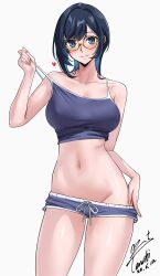 1girl absurdres bare_shoulders blue_hair blue_shorts blush breasts camisole glasses highres large_breasts looking_at_viewer navel no_panties original round_eyewear short_hair short_shorts shorts simple_background smile solo spaghetti_strap strap_pull white_background yoo_tenchi