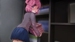 1girl :o blue_skirt blush book bookshelf box doki_doki_literature_club fang game_cg grey_jacket hair_intakes hair_ornament hair_ribbon highres holding holding_box jacket natsuki_(doki_doki_literature_club) official_art open_mouth pink_eyes pink_hair red_ribbon ribbon satchely school_uniform short_hair short_twintails skirt solo standing sweatdrop third-party_source twintails