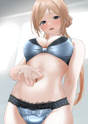 1girl absurdres blue_bra blue_panties blush bra breasts brown_hair commission crotch_seam fingernails gakuen_idolmaster highres himesaki_rinami idolmaster indoors lace lace-trimmed_panties lace_trim large_breasts long_hair looking_at_viewer navel panties pixiv_commission skindentation smile solo spread_navel stomach tama_(tamago) underwear very_long_hair