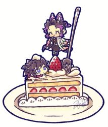 1boy 1girl ^_^ black_hair blue_eyes butterfly_hair_ornament cake cake_slice chibi closed_eyes commentary_request confettocandy demon_slayer_uniform food fork hair_ornament haori holding holding_fork japanese_clothes kimetsu_no_yaiba kochou_shinobu plate purple_hair signature simple_background strawberry_shortcake tomioka_giyuu white_background