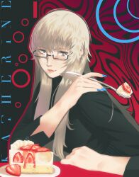 1girl absurdres black_shirt blonde_hair blue_nails cake catherine_(game) ceramicnoise food glasses highres katherine_mcbride long_hair red_background semi-rimless_eyewear shirt solo strawberry_shortcake under-rim_eyewear upper_body