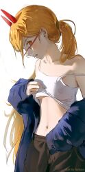 1girl absurdres black_pants blonde_hair blue_jacket breasts camisole chainsaw_man clothes_lift covered_erect_nipples demon_girl demon_horns glasses highres horns jacket jsebaxx navel pants ponytail power_(chainsaw_man) red_eyes red_horns shirt_lift single_sleeve_past_wrist small_breasts solo underboob white_background white_camisole