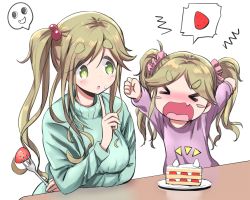 &gt;_&lt; 2girls angry blonde_hair blush blush_stickers cake commentary cream cream_on_face fang food food_on_face fork fruit green_eyes highres holding inuyama_akari inuyama_aoi long_hair multiple_girls n2midori open_mouth scrunchie siblings side_ponytail sisters skin_fang strawberry strawberry_shortcake sweater thick_eyebrows turtleneck turtleneck_sweater twintails white_background yurucamp
