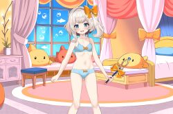 Rule 34 | 1girl, absurdres, air bubble, bed, blue bra, blue eyes, blue panties, blush, bow, bra, breasts, bubble, carpet, commission, cupboard, curtains, flat chest, hair bow, hair ribbon, highres, indoors, kiniro tofu, knee up, knees up, looking at viewer, marimari (vtuber), nose, open mouth, panties, phase connect, ribbon, short hair, small breasts, smile, solo, standing, stuffed toy, thighs, underwear, underwear only, virtual youtuber, water, window