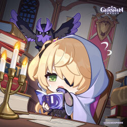 1girl absurdres bird black_dress black_nails blonde_hair book book_stack candle candlelight candlestand chair chibi commentary copyright_name dot_nose dress english_commentary eyebrows_hidden_by_hair eyepatch fischl_(genshin_impact) flying_sweatdrops genshin_impact gloves green_eyes hair_ornament highres indoors long_hair nail_polish night official_art one_eye_covered one_side_up open_book oz_(genshin_impact) purple_gloves reading sweatdrop upper_body window