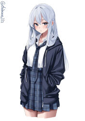 Rule 34 | 1girl, artist name, blue necktie, blue skirt, blush, collarbone, collared shirt, commentary request, cropped legs, ebifurya, grey eyes, grey hair, hair between eyes, hands in pockets, high-waist skirt, highres, i-203 (kancolle), jacket, kantai collection, long hair, long sleeves, looking at viewer, necktie, one-hour drawing challenge, open clothes, open jacket, parted lips, plaid clothes, plaid necktie, plaid skirt, pleated skirt, shirt, shirt tucked in, sidelocks, simple background, skirt, solo, twitter username, white background, white shirt