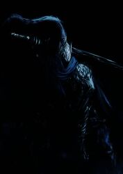 1boy absurdres armor artorias_the_abysswalker black_background blue_scarf commentary crain1art dark_souls_(series) dark_souls_i full_armor helmet highres holding holding_sword holding_weapon knight male_focus scarf solo sword weapon