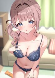 1girl :o asymmetrical_sidelocks bare_arms bare_shoulders blue_bra blue_eyes blue_panties blunt_bangs blurry blurry_background blush bra breasts brown_hair charl2837 cleavage collarbone commentary_request couch curtains depth_of_field hair_ornament hair_scrunchie hand_on_own_chest hand_on_own_thigh hand_up highres indoors lace lace_bra lace_panties large_breasts leaning_forward lingerie looking_at_viewer mochizuki_honami nail_polish navel open_mouth panties project_sekai scrunchie side_ponytail sidelighting sidelocks solo standing stomach sweat thigh_gap underwear