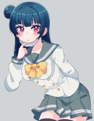 Rule 34 | 1girl, black thighhighs, blue hair, blunt bangs, blush, breasts, brown jacket, commentary request, cream (nipakupa), grey background, grey sailor collar, grey skirt, hair bun, jacket, leaning forward, long hair, long sleeves, love live!, love live! sunshine!!, mask, mask pull, medium breasts, mouth mask, neck ribbon, open mouth, red eyes, ribbon, sailor collar, school uniform, single hair bun, single side bun, skirt, solo, thighhighs, tsushima yoshiko, uranohoshi school uniform, yellow ribbon