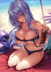 1girl absurdres amagasa_tsuzuri barefoot beach bikini black_bikini blurry blurry_background breast_hold breasts cleavage collarbone day depth_of_field front-tie_bikini_top front-tie_top green_eyes hair_between_eyes hanikami_kanojo highres innertube large_breasts long_hair mole mole_under_eye navel piromizu scan side-tie_bikini_bottom sidelocks silver_hair sitting solo strap_slip swim_ring swimsuit tanning_oil water_drop wet wet_hair yokozuwari