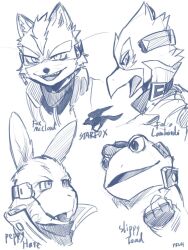 4boys animal_ears beak bird_boy body_fur character_name clenched_hand commentary english_commentary falco_lombardi fingerless_gloves fox_boy fox_ears fox_mccloud frog_boy furry furry_male gloves male_focus monochrome multiple_boys nintendo open_mouth peppy_hare pruh rabbit_boy rabbit_ears simple_background sketch slippy_toad star_fox upper_body white_background