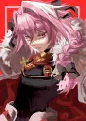1boy absurdres arwin_scarlet astolfo_(fate) black_bow bow braid cloak emblem fate/apocrypha fate/grand_order fate_(series) fur-trimmed_cloak fur_trim hair_bow hair_intakes highres multicolored_hair multiple_hair_bows pink_eyes pink_hair red_background red_cloak single_braid streaked_hair trap white_cloak white_hair