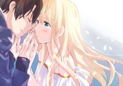 1boy 1girl aldnoah.zero asseylum_vers_allusia bare_shoulders blonde_hair blue_sweater blush brown_hair closed_eyes collarbone commentary_request dress fingernails floating_hair forehead-to-forehead gold_trim green_eyes hair_between_eyes hase_kurayu heads_together height_difference kaizuka_inaho long_hair long_sleeves looking_at_another off_shoulder pink_nails profile sleeves_past_wrists sweater very_long_hair white_dress