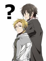 2boys ? black_coat black_hair blonde_hair coat enigma_(reverse:1999) from_side glasses hnt_(1177tr1999) humanization jumpsuit looking_at_viewer mechanical_ears multiple_boys reverse:1999 round_eyewear short_hair ulrich_(reverse:1999) upper_body white_background white_jumpsuit yellow_eyes