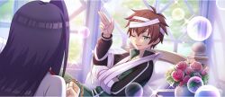 1boy 1girl bandages black_hair brown_hair cast character_request clenched_hand day dutch_angle flower game_cg green_eyes green_pants green_track_suit highres indoors injury jacket kono_subarashii_sekai_ni_shukufuku_wo! konosuba!_fantastic_days lens_flare long_hair official_art on_bed one_eye_closed open_mouth pants pink_flower pink_rose plant potted_plant reclining rose salute satou_kazuma smile sparkle third-party_source track_jacket track_suit two-finger_salute