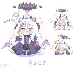 Rule 34 | &gt; &lt;, 1boy, 1girl, absurdres, animal ears, armband, black coat, black skirt, blue archive, cat ears, cat girl, cat tail, chibi, closed mouth, coat, commentary request, demon girl, demon horns, demon wings, disembodied hand, fur-trimmed coat, fur trim, hair between eyes, halo, headpat, highres, hina (blue archive), horns, kemonomimi mode, long hair, meme request, nekoya (liu), pencil skirt, purple eyes, purple halo, red armband, sensei (blue archive), skirt, speech bubble, tail, very long hair, white hair, wings