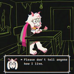 1boy absurdres animal_ears barefoot black_background chair commentary crying crying_with_eyes_open curtains deltarune door embarrassed english_commentary english_text food frown furry furry_male glasses goat_boy goat_ears green-framed_eyewear green_robe highres holding holding_spoon horns hunched_over kamikaze_mika light_bulb on_chair parody pink_horns pink_scarf poverty pudding ralsei robe round_eyewear sad scarf scene_reference sitting spoilers spoon table tearing_up tears the_simpsons torn_curtains white_fur window wooden_floor